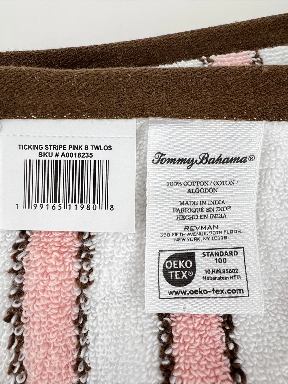 Tommy Bahama Bathroom Towel Set Pink Brown White Ticking Stripe Cotton 8 Pc NEW